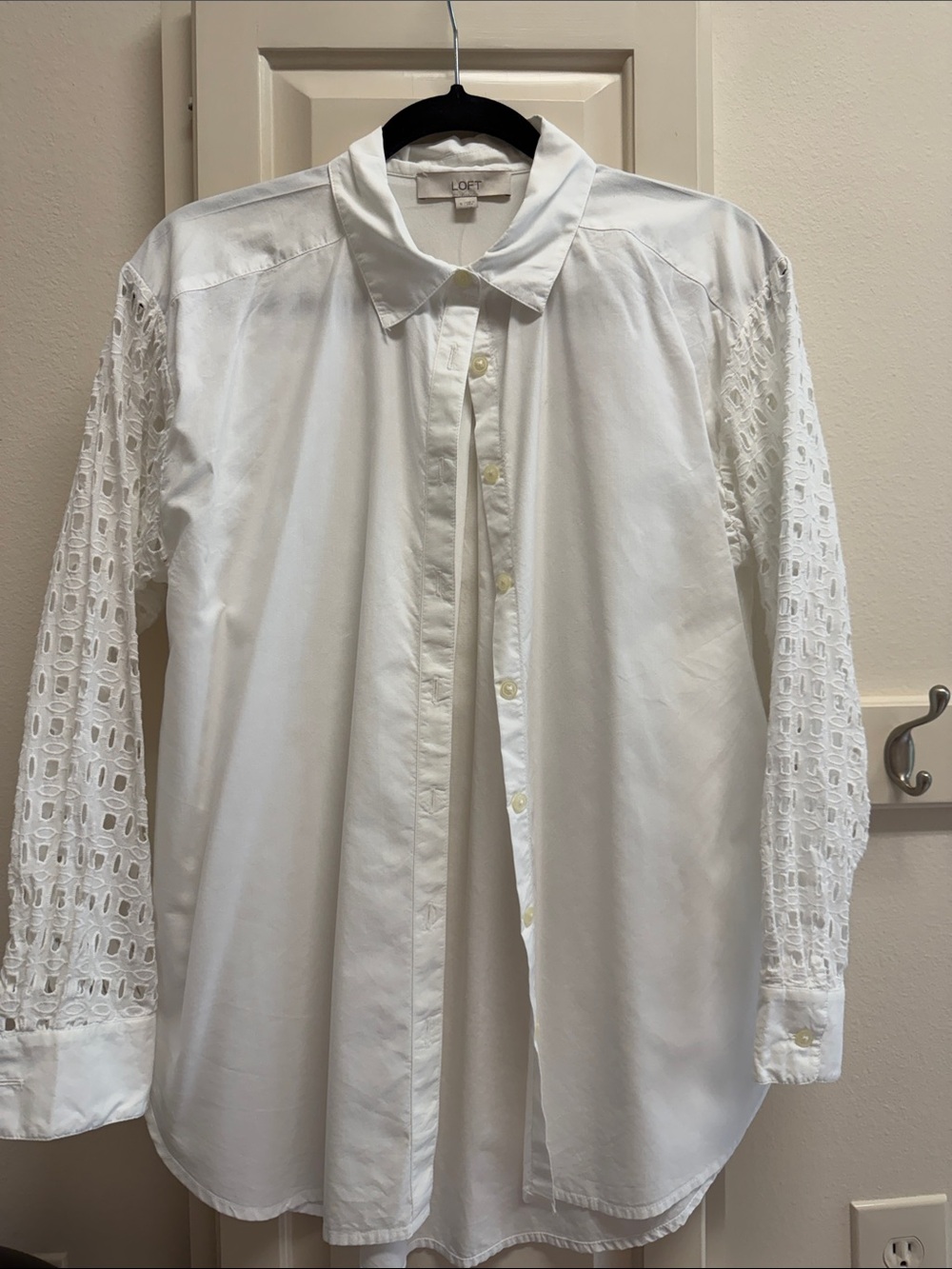 LOFT White Button-Up Shirt with Lace Sleeves